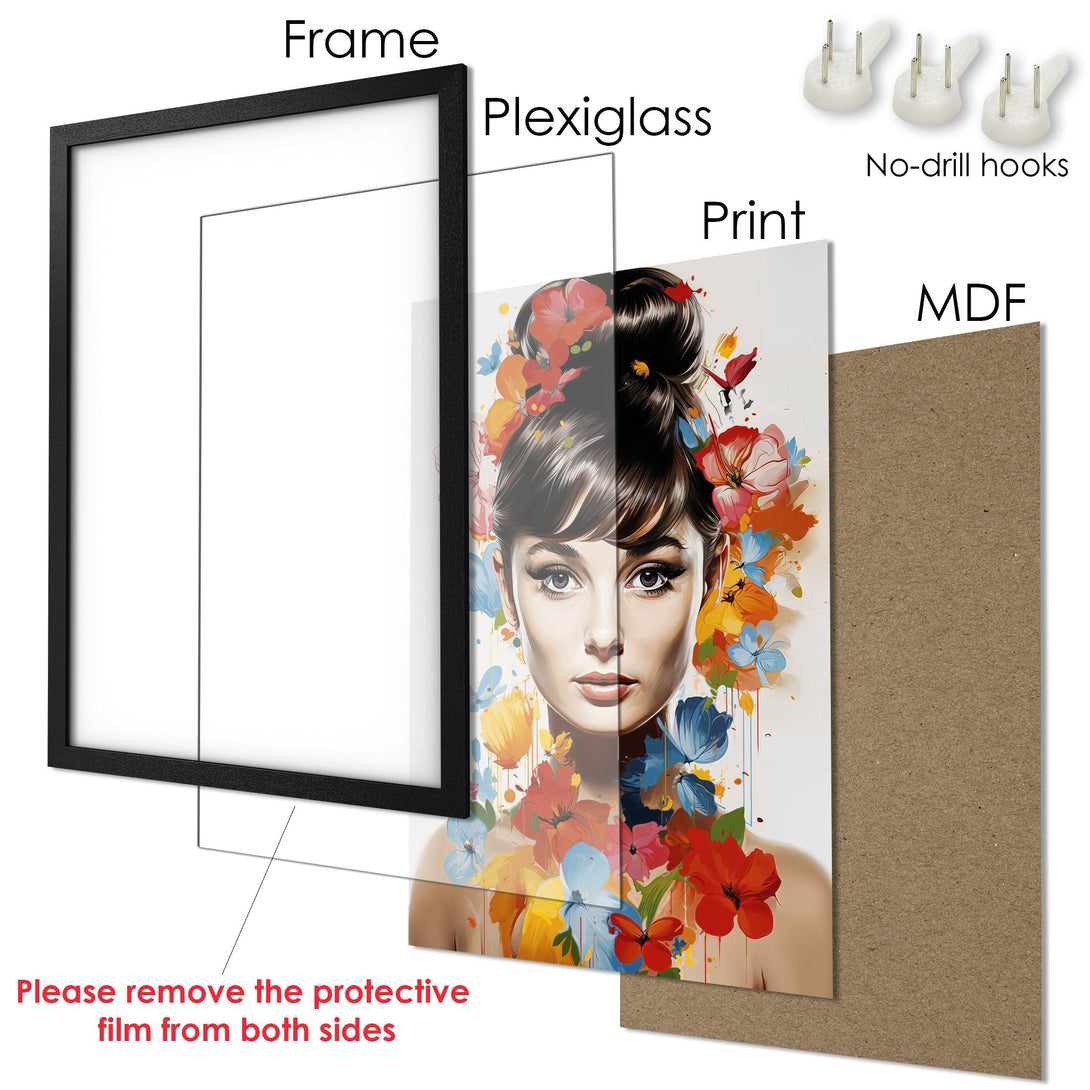 Framed Poster featuring a woman with floral accents, vibrant colors, and artistic style. Perfect wall art!