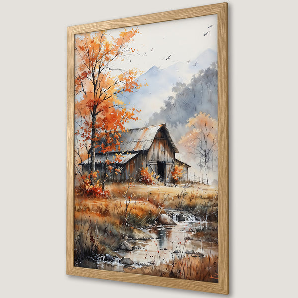 Framed Poster featuring a watercolor barn scene in autumn colors. Rustic art with orange, brown, and blue tones. Perfect for home decor.