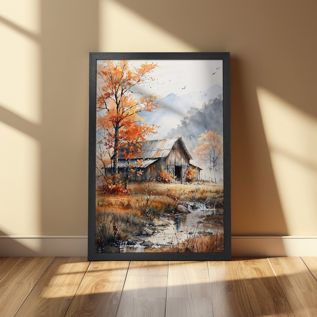 Framed Poster of a watercolor barn scene with autumn colors. Rustic art print in warm orange, brown, and grey tones. Perfect for home decor.