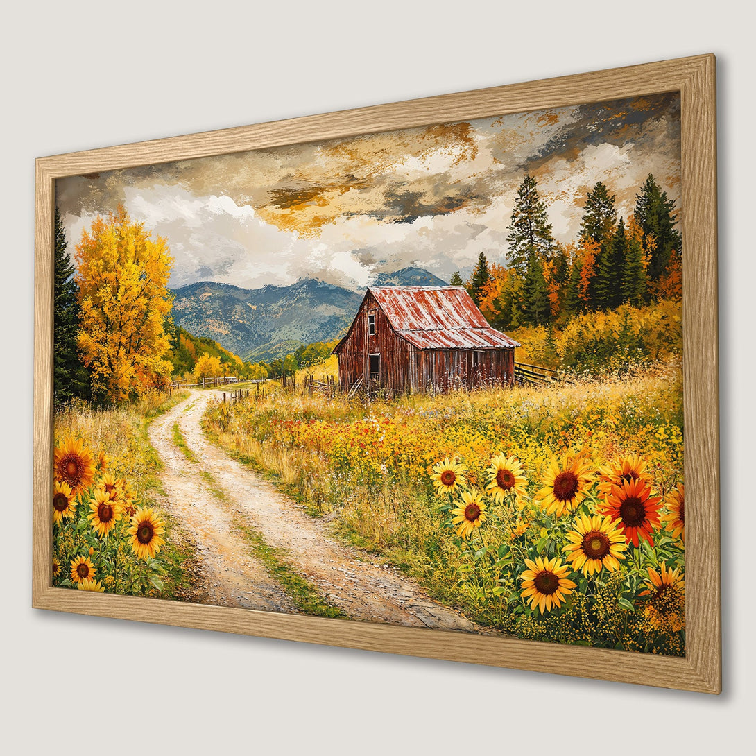 Framed Poster of a rustic barn scene with sunflowers, featuring warm yellow, orange, and brown tones, perfect for farmhouse decor.