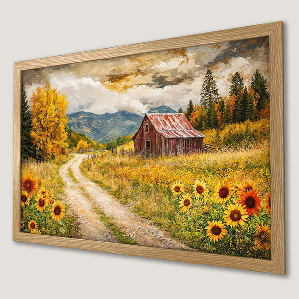Framed Poster of a rustic barn scene with sunflowers, featuring warm yellow, orange, and brown tones, perfect for farmhouse decor.