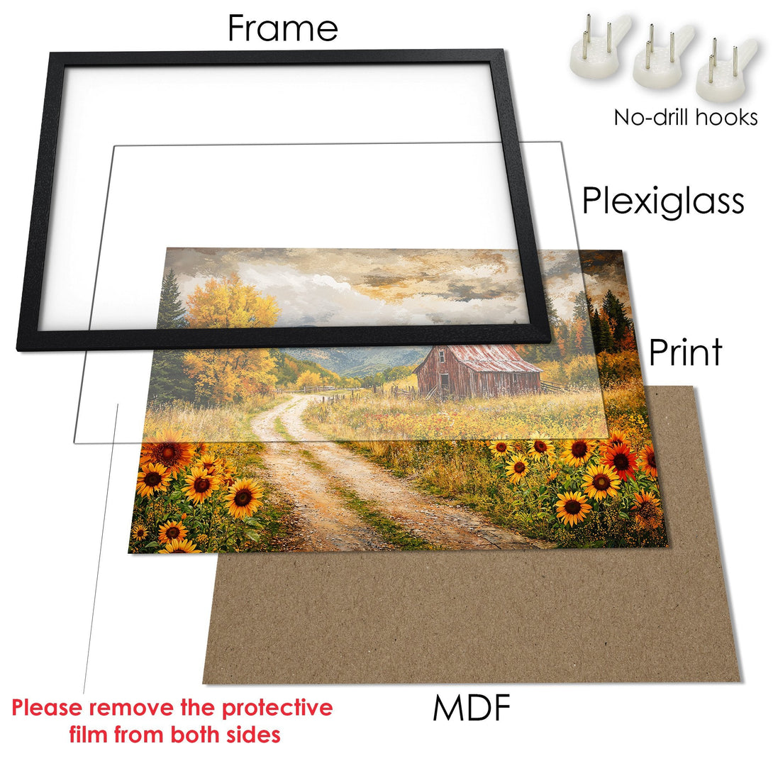 Framed Poster of a rustic landscape with sunflowers, warm autumn colors, and a barn. Perfect wall art!