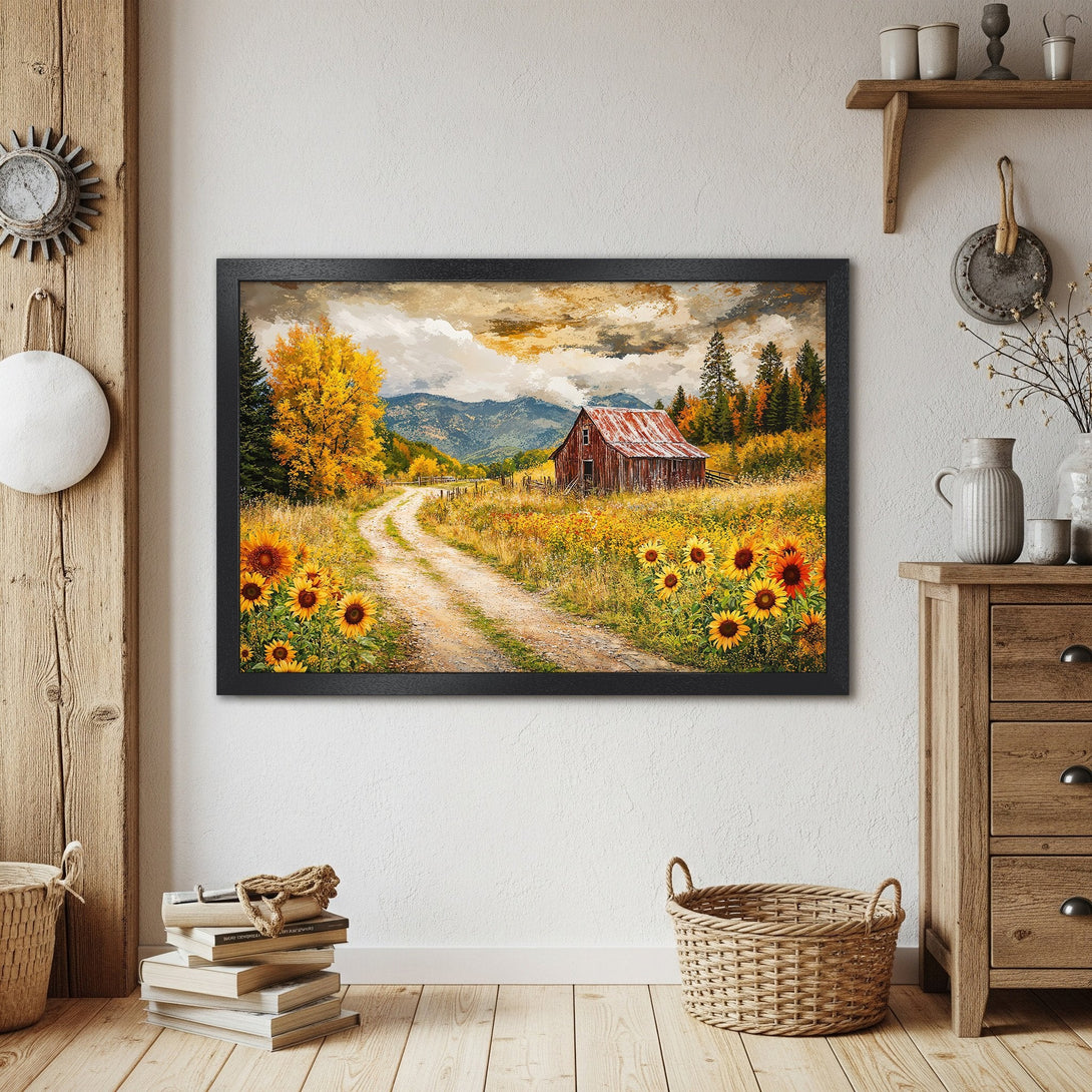 Framed Poster of a rustic barn scene. Warm, inviting colors. Perfect for farmhouse decor.
