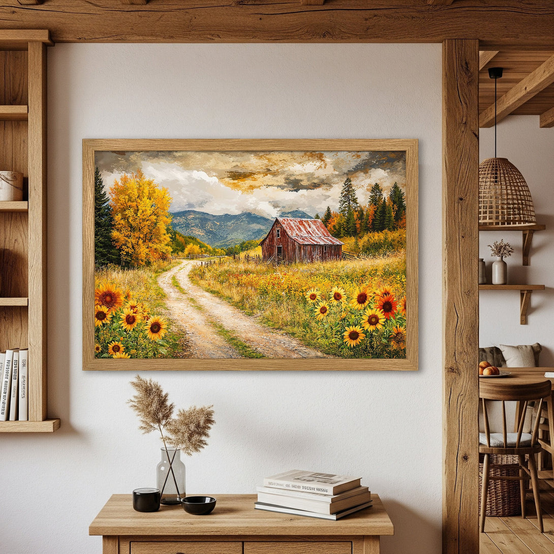 Framed Poster of a rustic barn landscape painting in warm yellow, brown, and green tones. Perfect wall art for a cozy home.