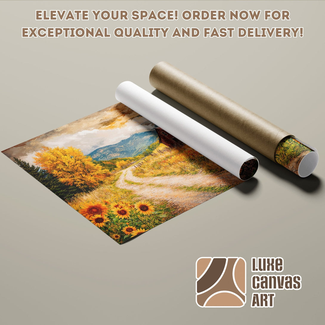 Poster Roll featuring a vibrant landscape painting in warm yellow and brown tones. Elevate your space!