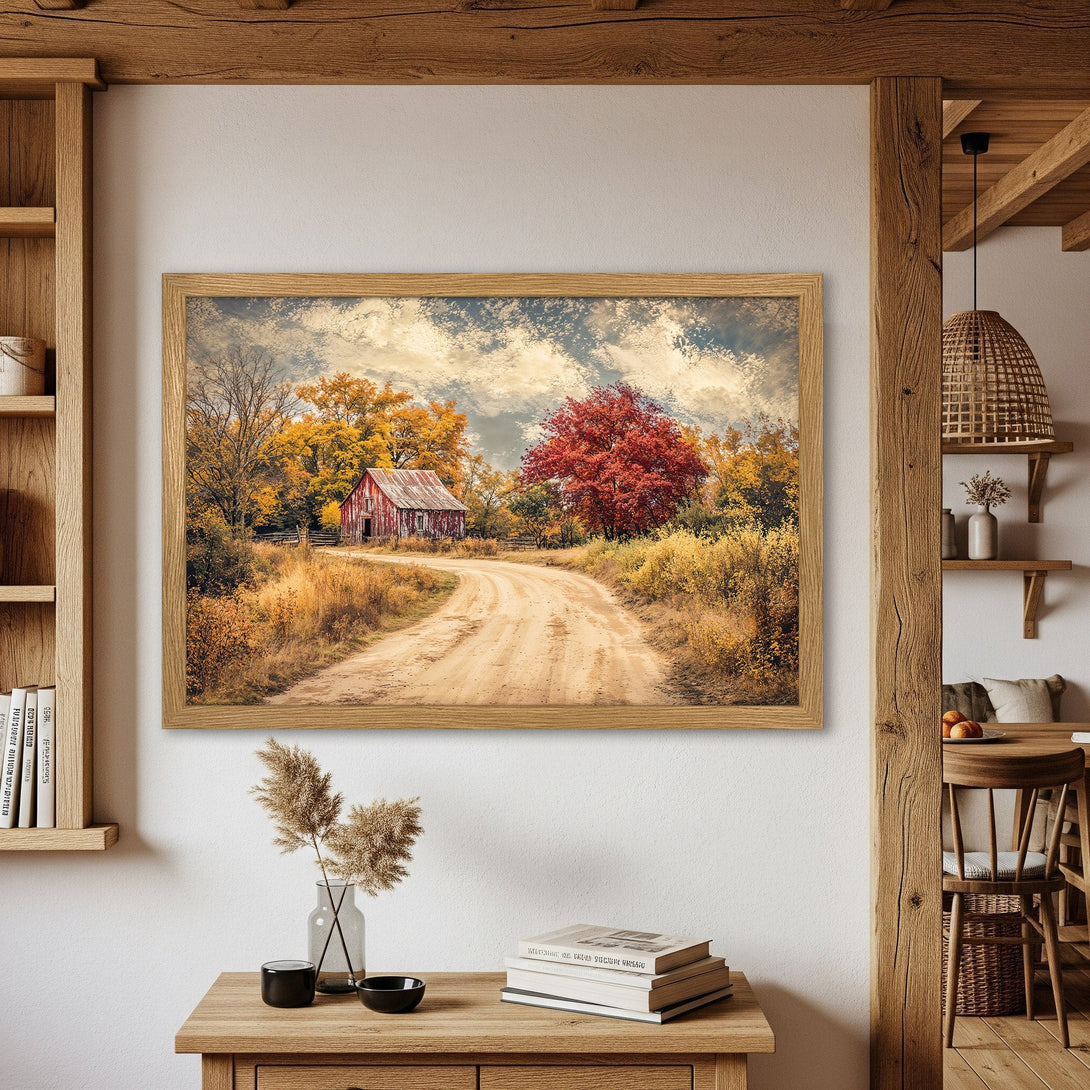 Framed Poster of a rustic barn scene in autumn colors. Warm, inviting, and perfect for home decor.