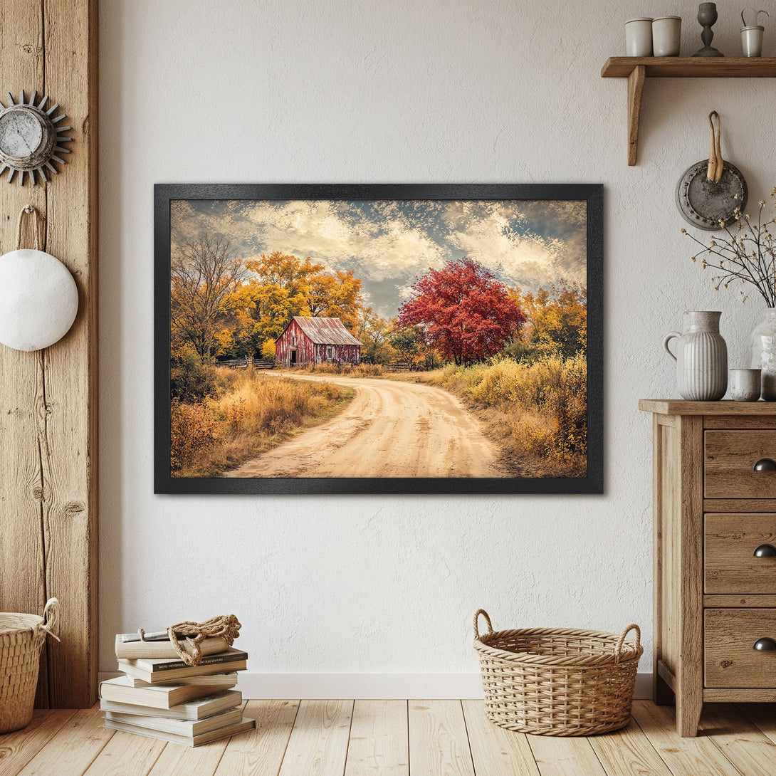 Framed Poster of a rustic barn scene in autumn colors. Warm, inviting landscape art.