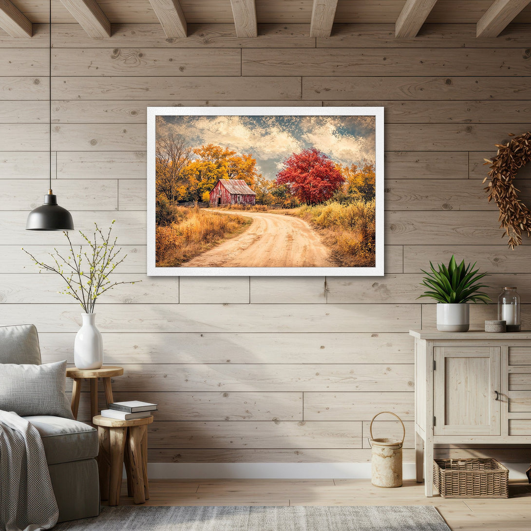 Framed Poster featuring a rustic barn scene in autumn colors. Warm, inviting art for your home.