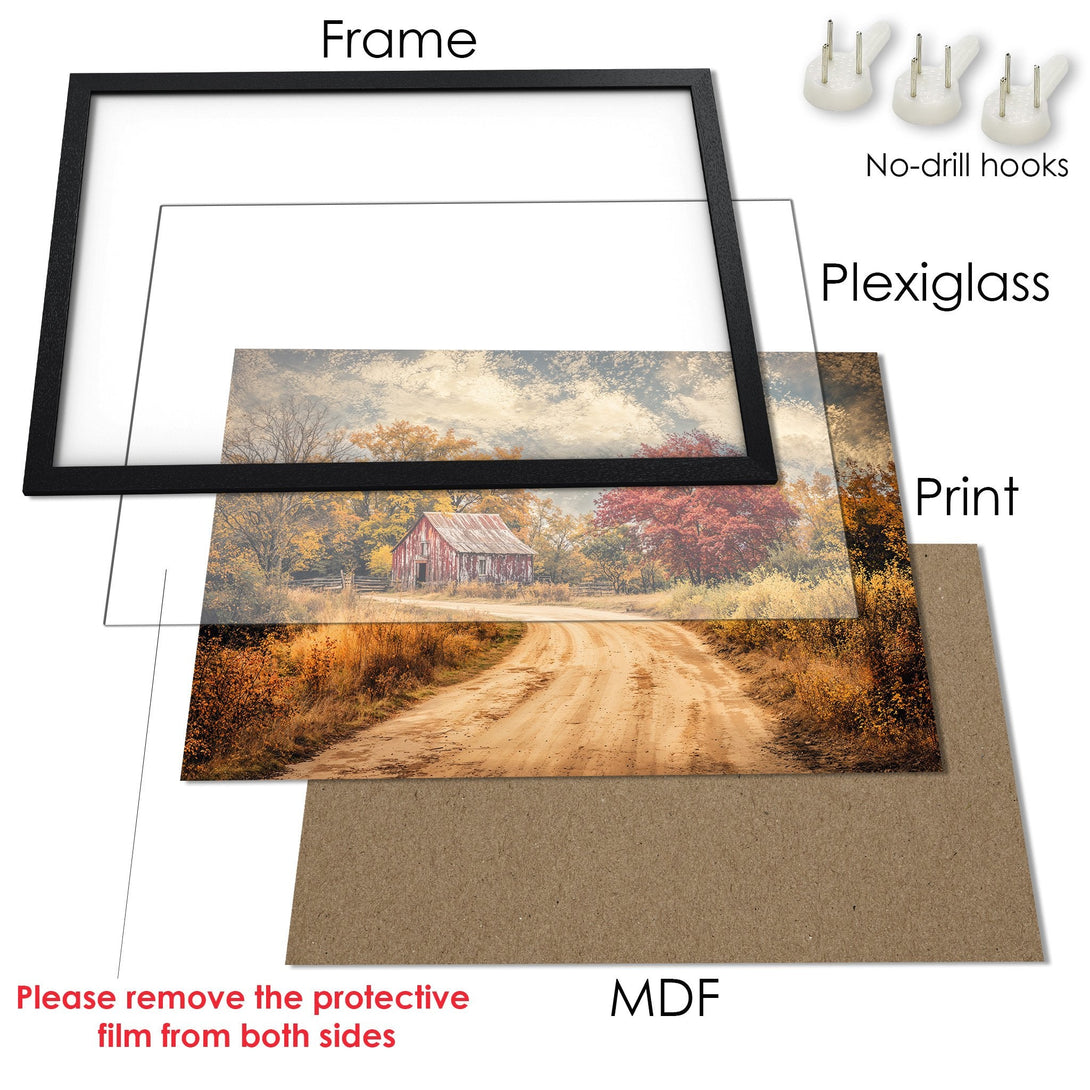 Framed Poster of a rustic barn scene. Warm autumn colors and natural style. Perfect for home decor!