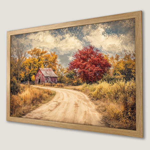 Framed Poster of a rustic barn scene in autumn colors. Warm, inviting landscape art for your home.