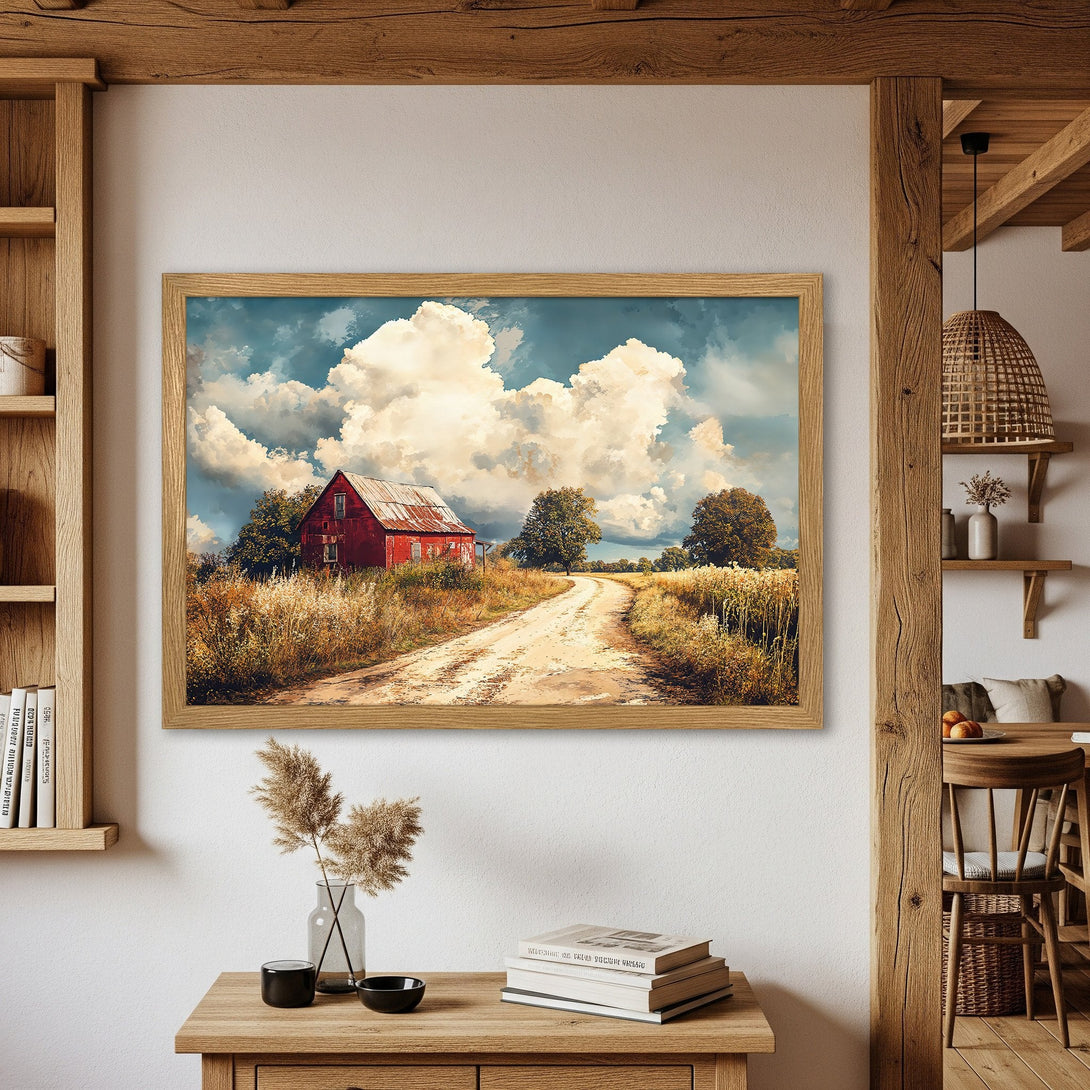 Framed Poster of a red barn landscape in a rustic style with a warm, earthy color palette. Perfect wall art!