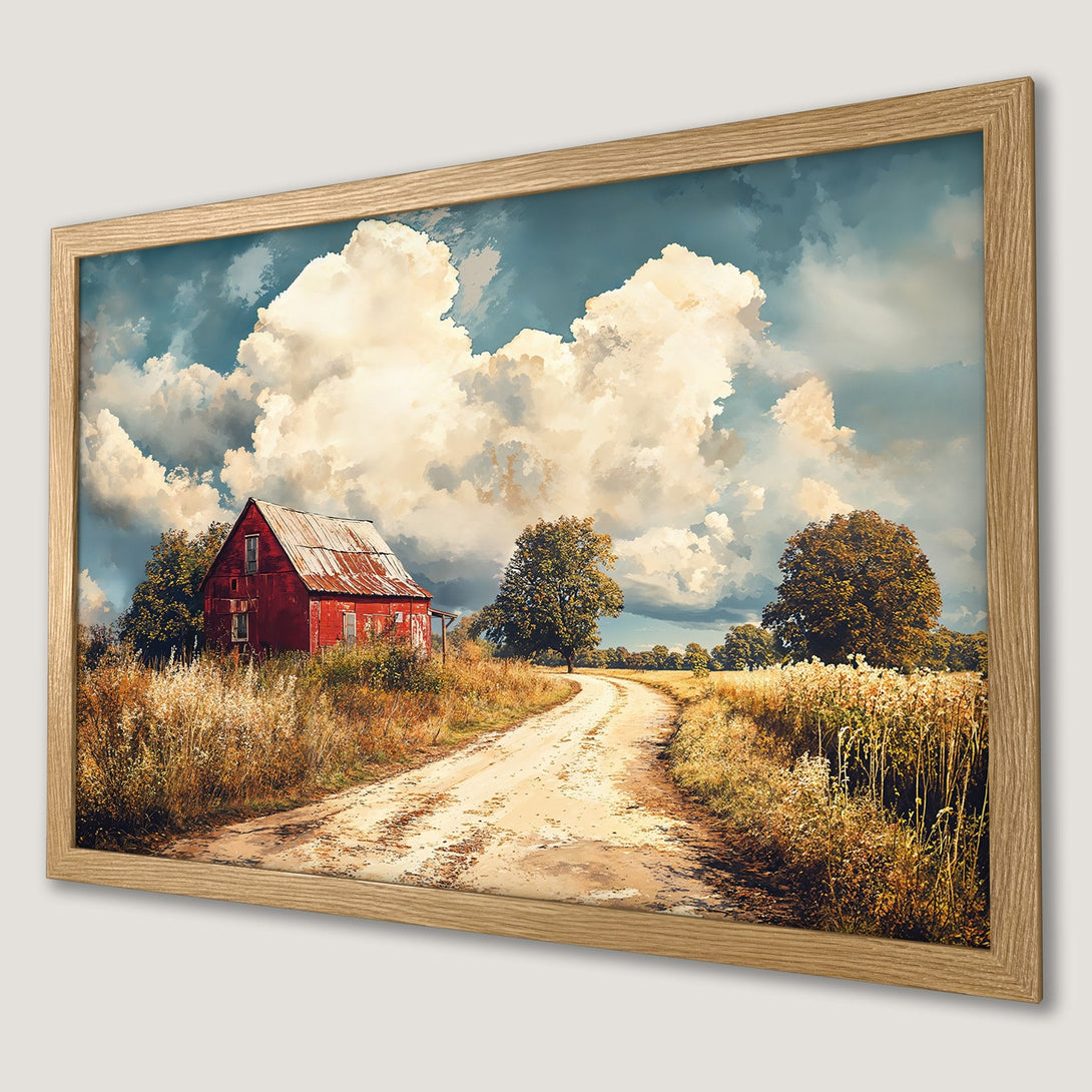 Framed Poster of a red barn landscape, rustic style with warm earth tones and dramatic sky.