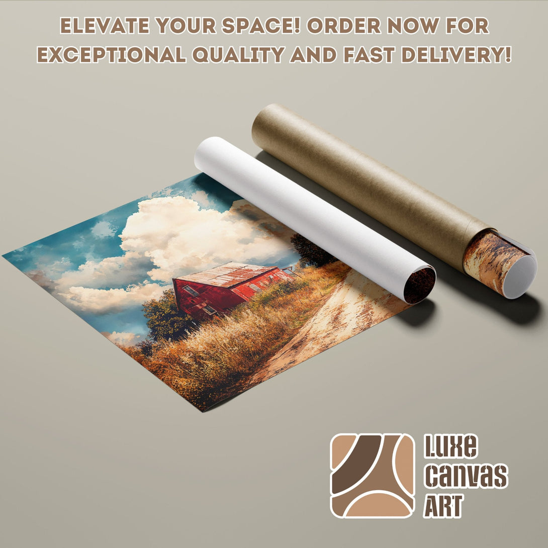 Poster Roll featuring a red barn landscape in warm, earthy tones. Elevate your space!