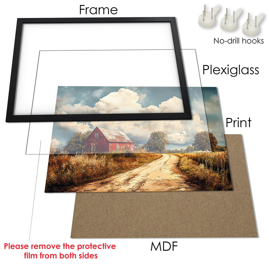 Framed Poster of a rustic red barn on a country road, featuring a warm, earthy color palette. Perfect wall art!