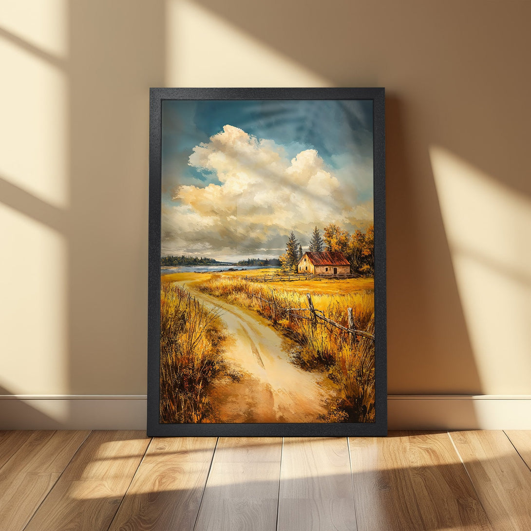 Framed Poster featuring a landscape painting of a rural road and house, with warm yellow and brown tones. Perfect wall art!
