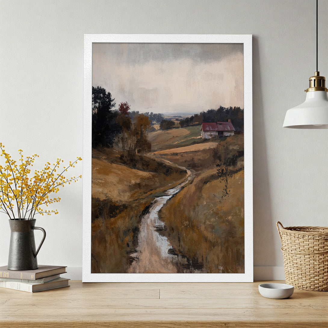 Framed Poster of a serene landscape painting. Featuring a farmhouse scene with a warm, earthy color palette. Perfect wall art for any home.