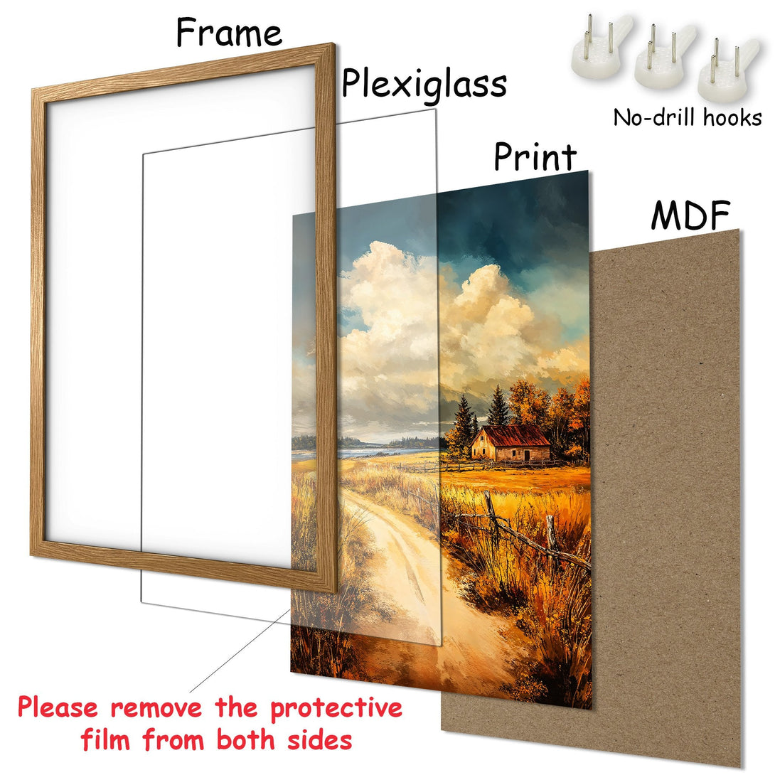 Framed Poster with a landscape scene in warm tones. Featuring a rustic style with a vibrant color palette. Perfect wall art!