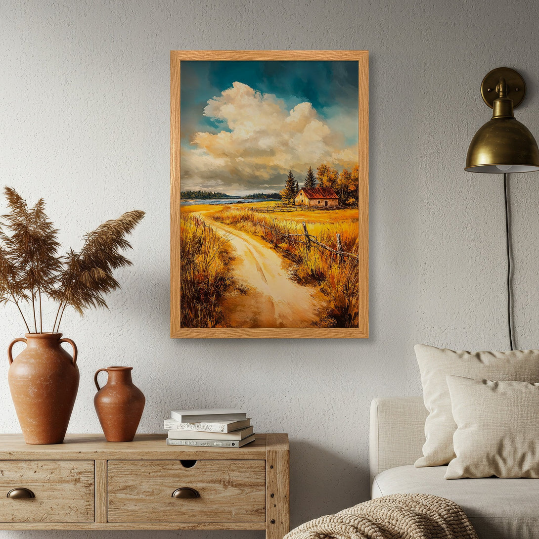 Framed Poster of a scenic landscape painting in warm yellow and blue tones, perfect for adding a touch of rustic charm to your home.