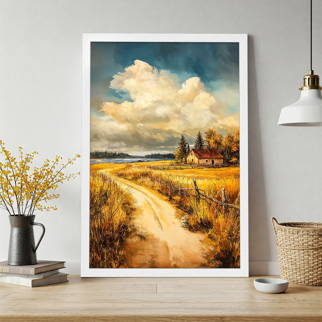 Framed Poster of a serene landscape painting with a warm color palette, featuring a dirt road and a cozy cabin.