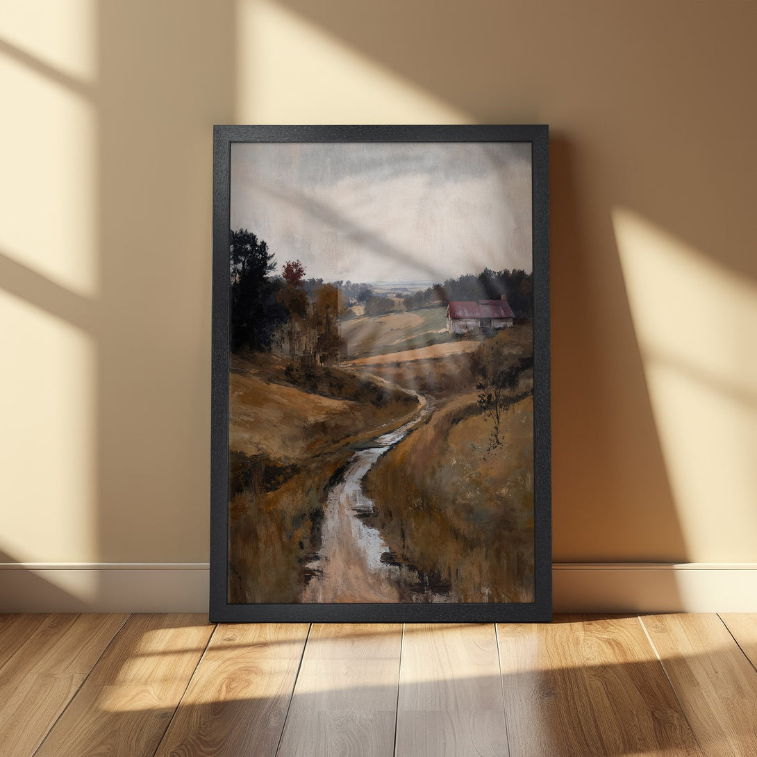 Framed Poster of a serene landscape painting in warm earth tones. Rustic style artwork, perfect for home decor.