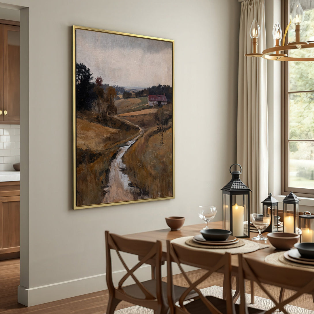 Canvas Print of a serene landscape painting in warm earth tones. Rustic decor inspiration for your home.