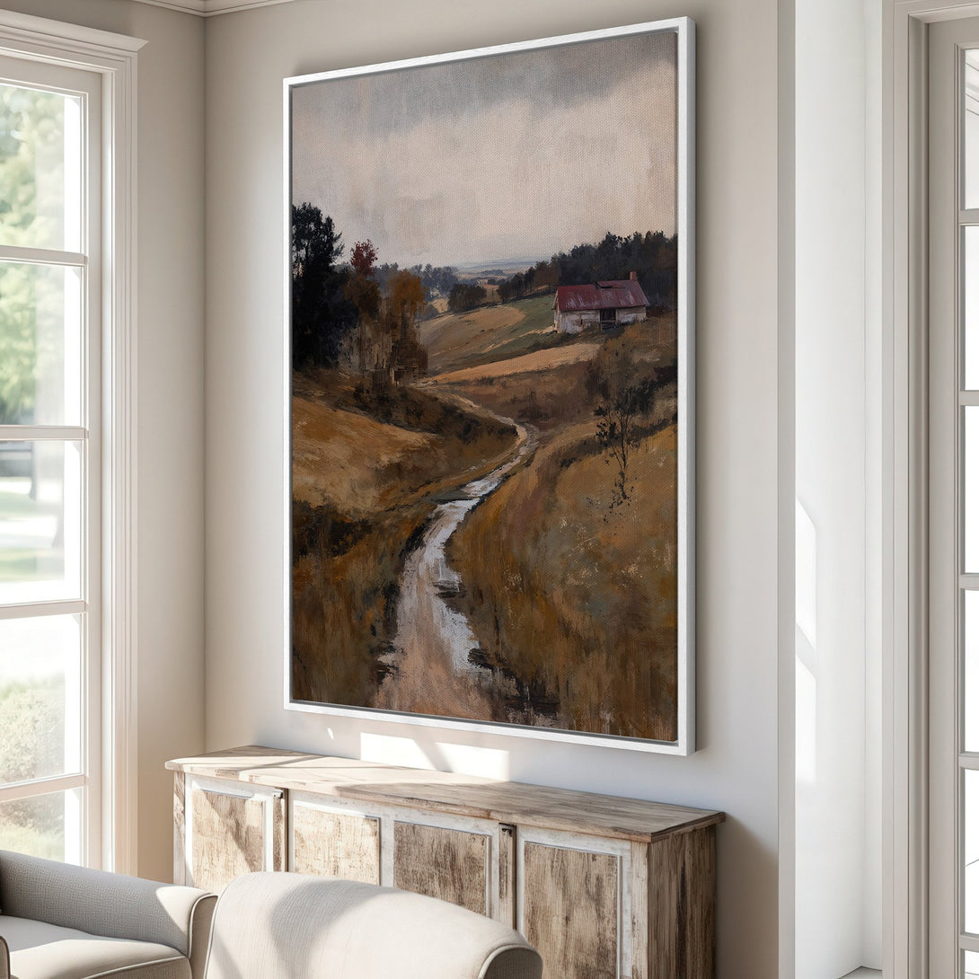 Framed Wall Art featuring a serene landscape painting in warm earth tones. Rustic style Canvas Print adds a touch of nature and elegance to any space.