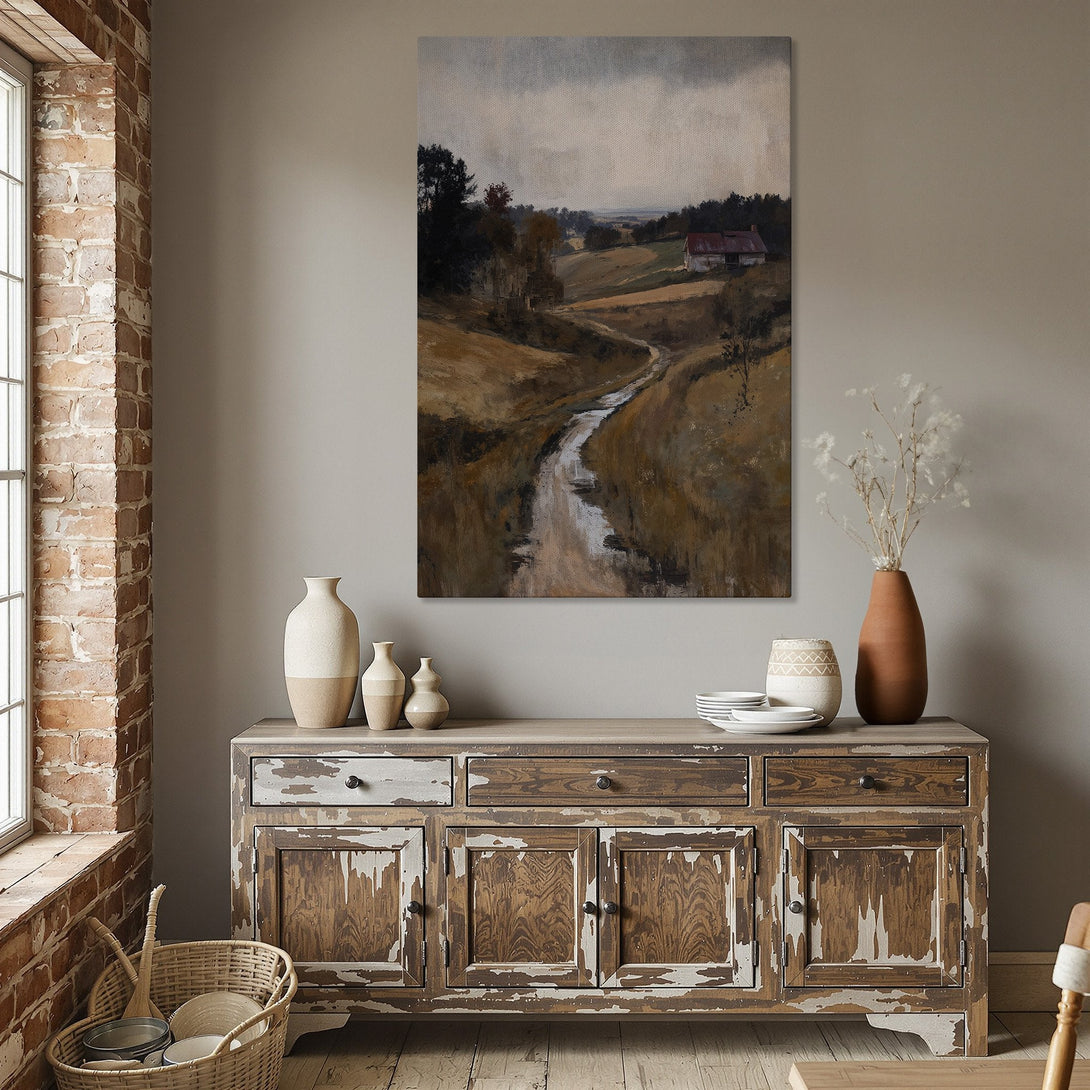 Framed Wall Art: Landscape painting in warm earth tones. Rustic farmhouse scene with a river. Perfect for adding cozy style to your dining room.