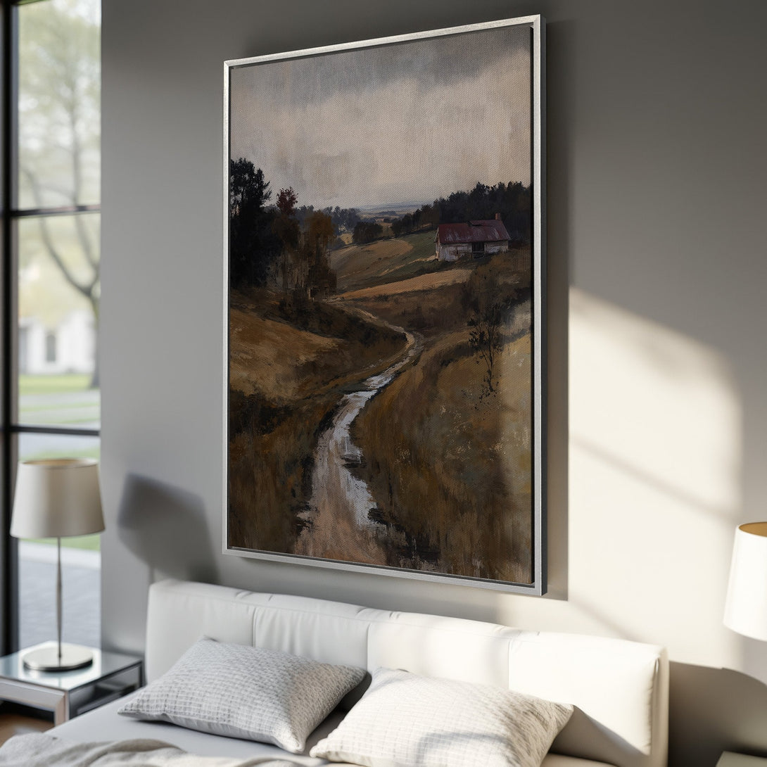 Framed Wall Art: Landscape Canvas Print with a rustic barn scene, featuring a warm, earthy color palette. Perfect for adding a touch of nature to your home decor.