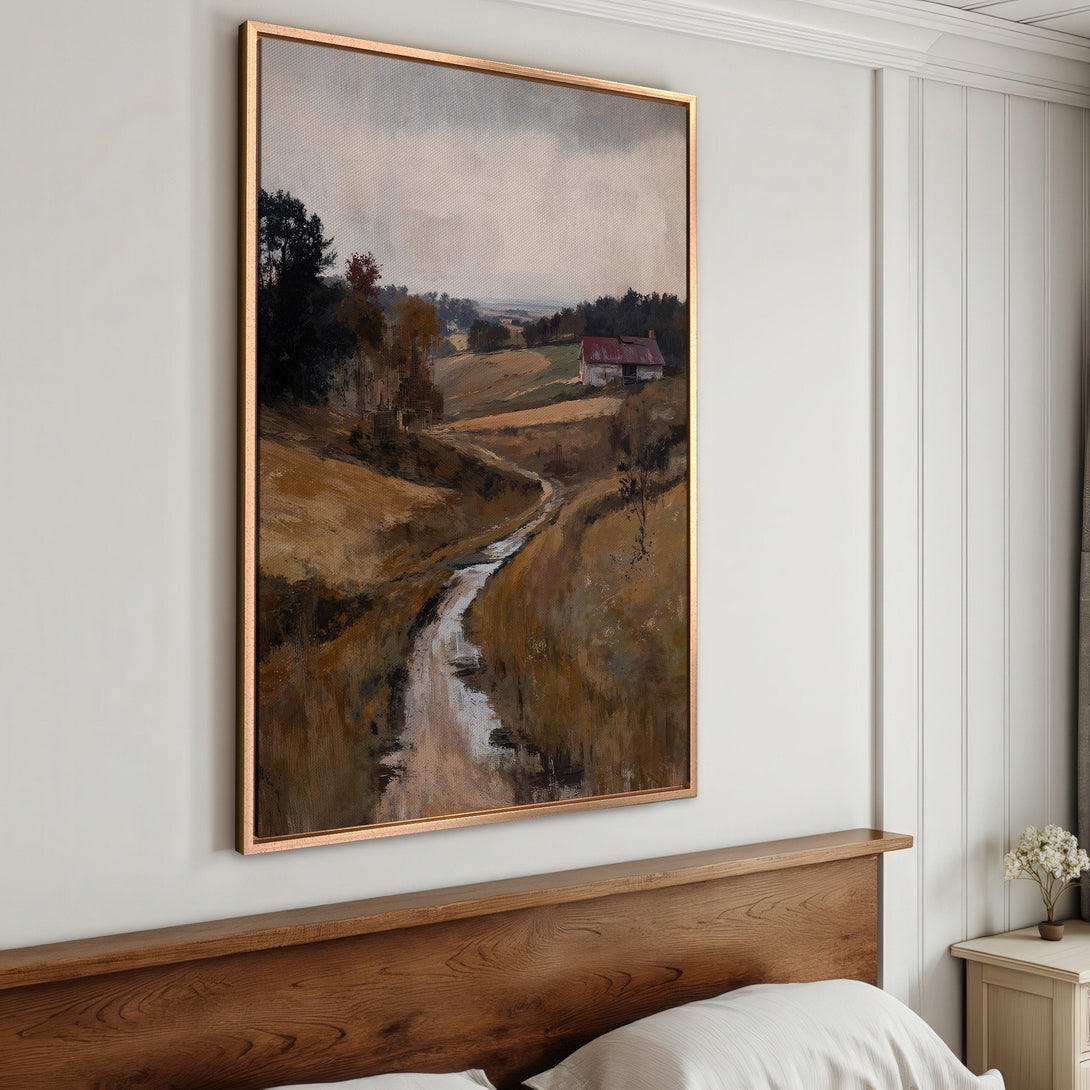 Framed Wall Art: Rustic landscape canvas print with warm earth tones. Perfect for adding a touch of vintage charm to your home decor. Shop now!
