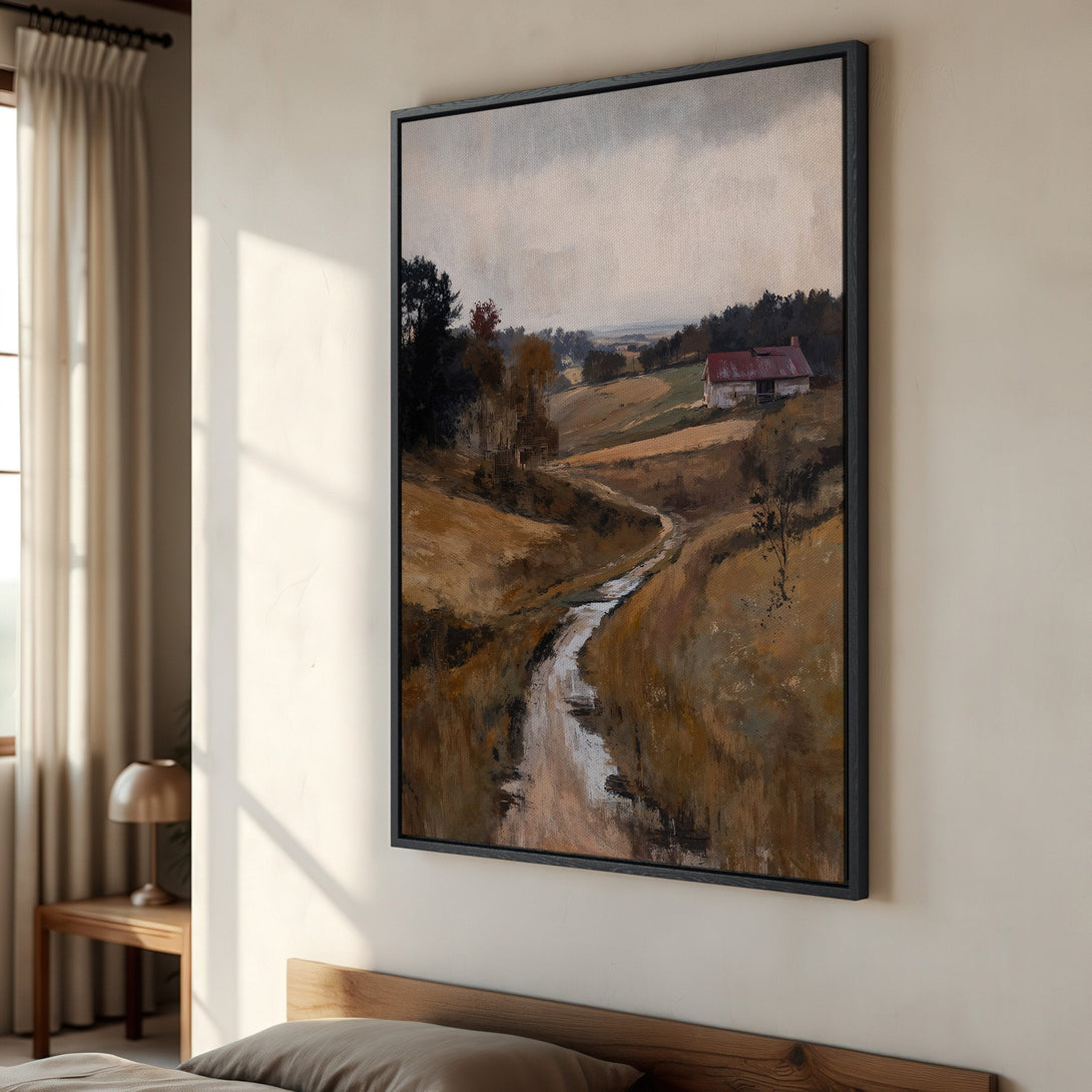 Framed Wall Art: Landscape painting in warm earth tones. Rustic farmhouse scene in impressionist style. Enhance your home decor with this stunning canvas print.