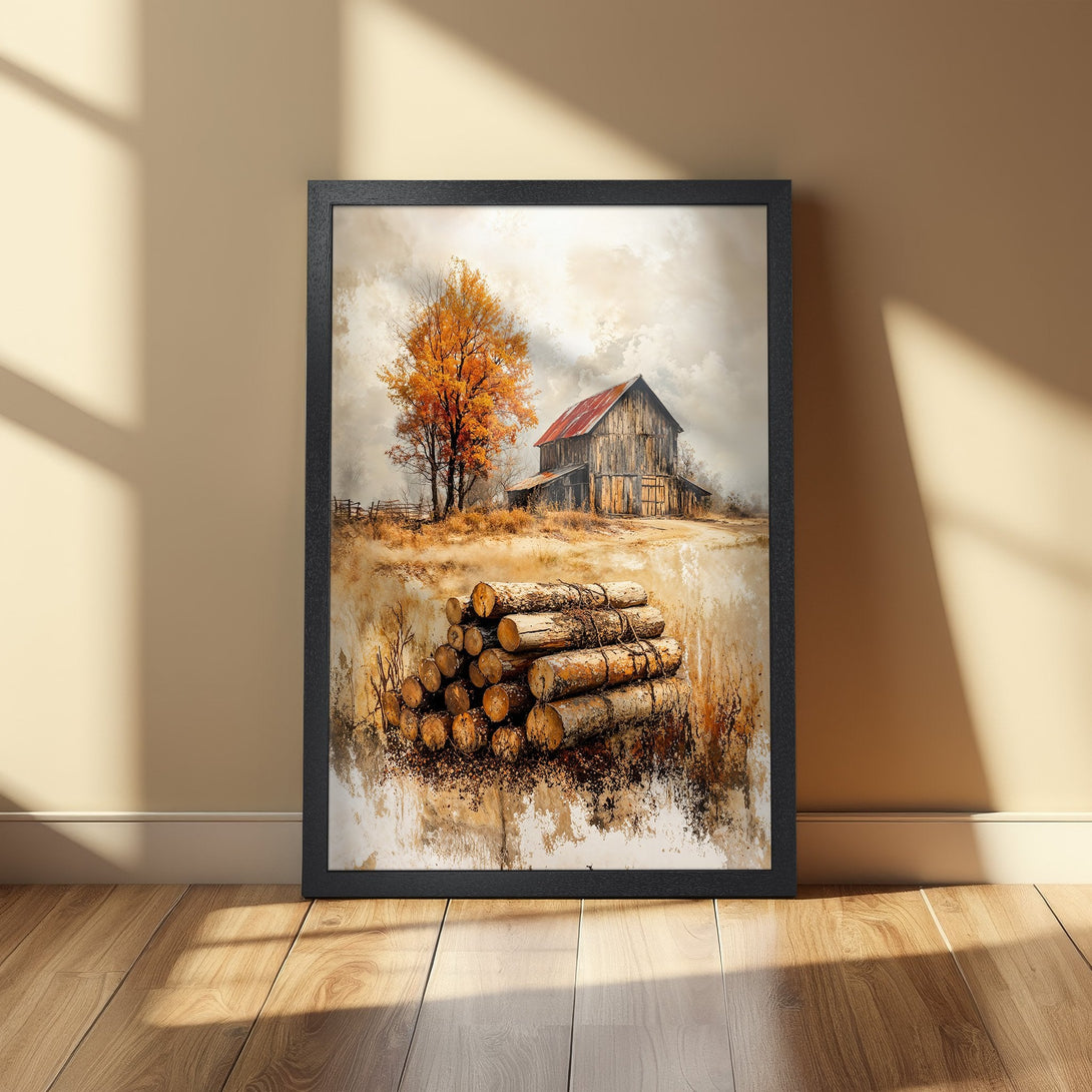 Framed Poster featuring a rustic barn scene with autumn colors. Beautiful art print in a black frame, perfect for home decor.