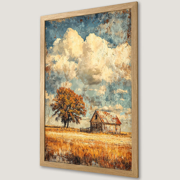 Framed Poster featuring a rustic barn and tree in a vintage style, warm earthy tones and blue sky. Perfect wall art!