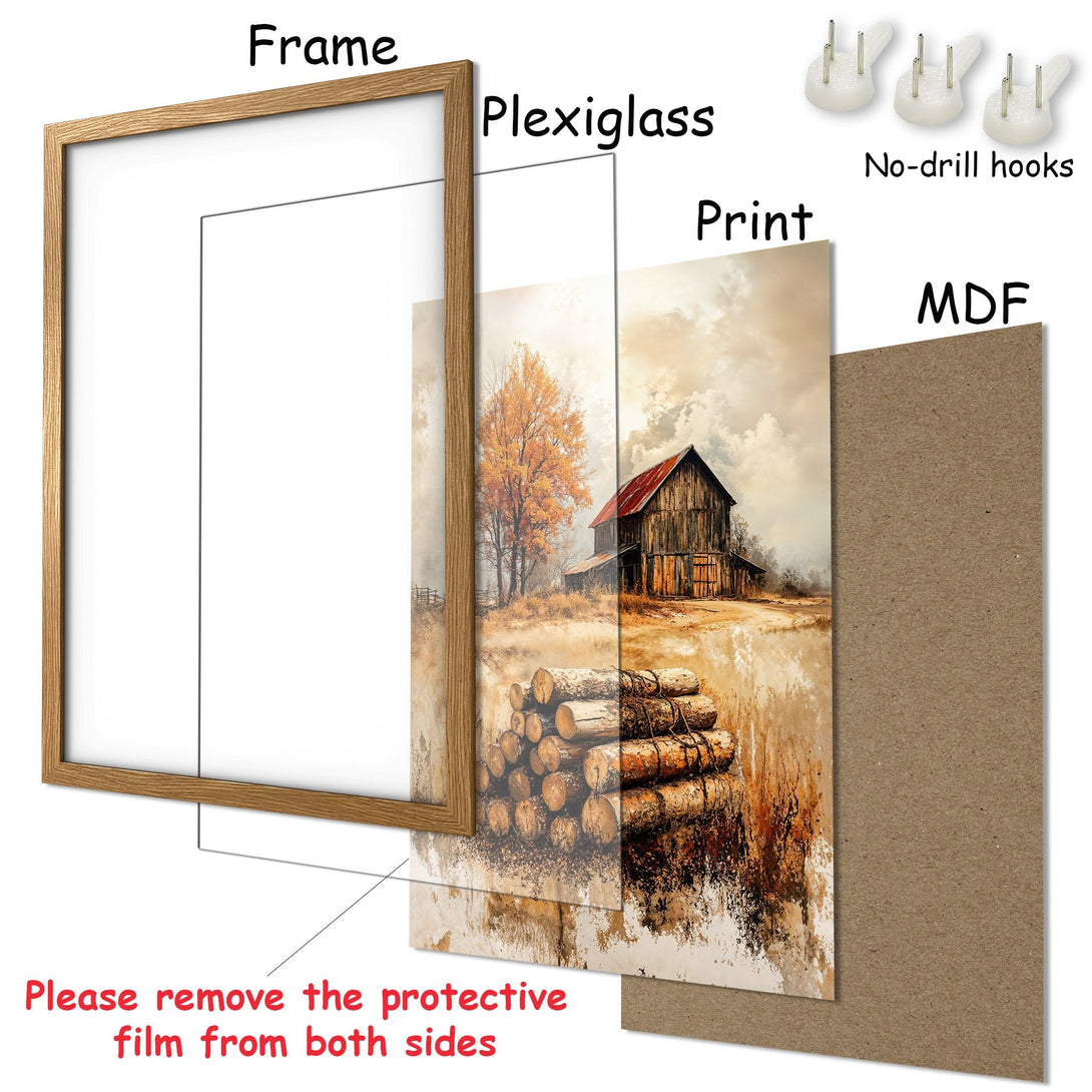 Framed Poster featuring a rustic barn scene in warm, earthy tones. Perfect for adding a touch of nature to your home decor.
