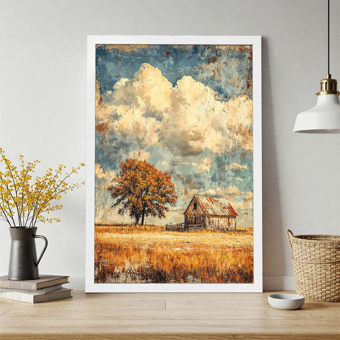 Framed Poster of a rustic barn landscape in warm, earthy tones. Vintage style art print for cozy home decor.