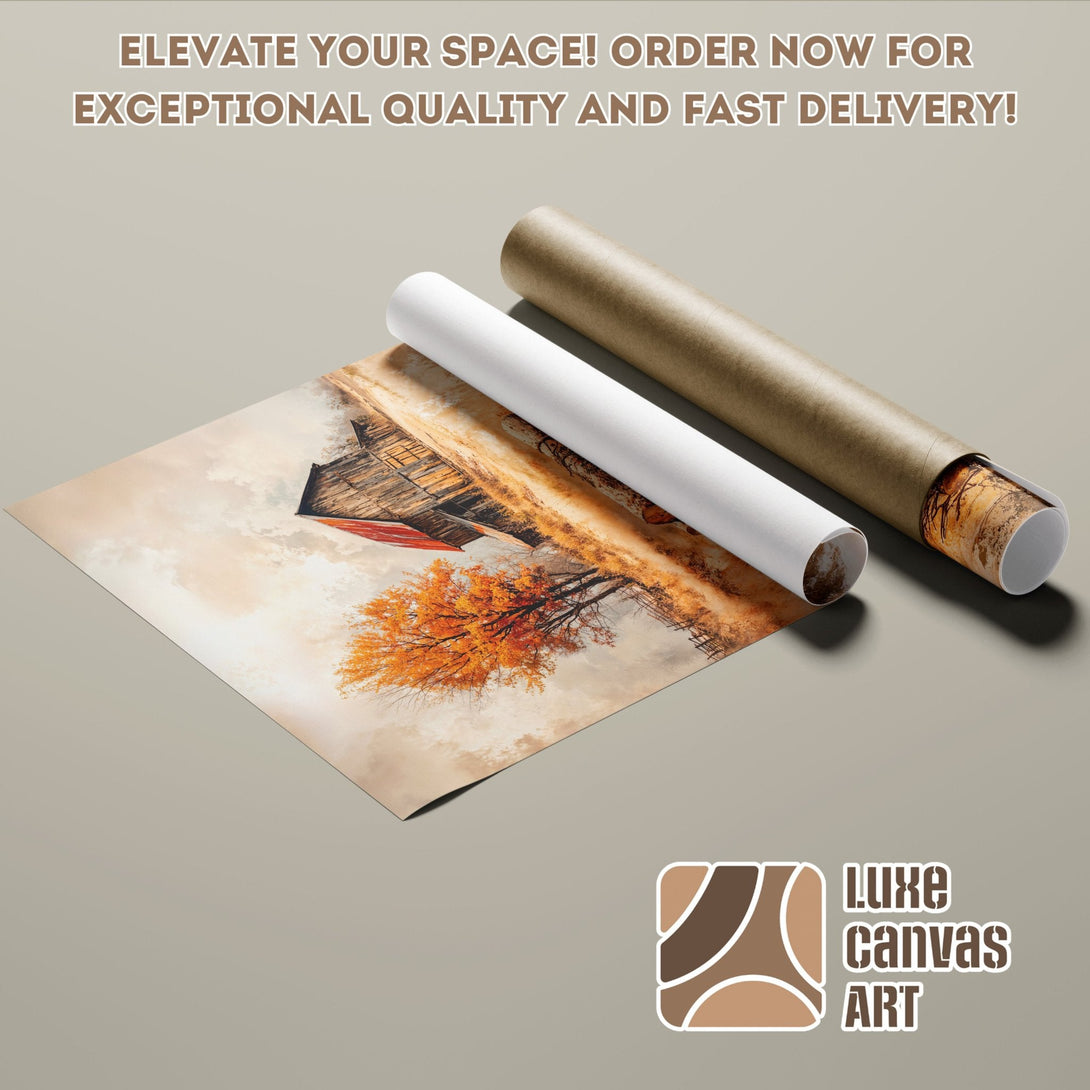 Poster Roll featuring a rustic barn scene in warm earth tones. Elevate your space with Luxe Canvas Art!