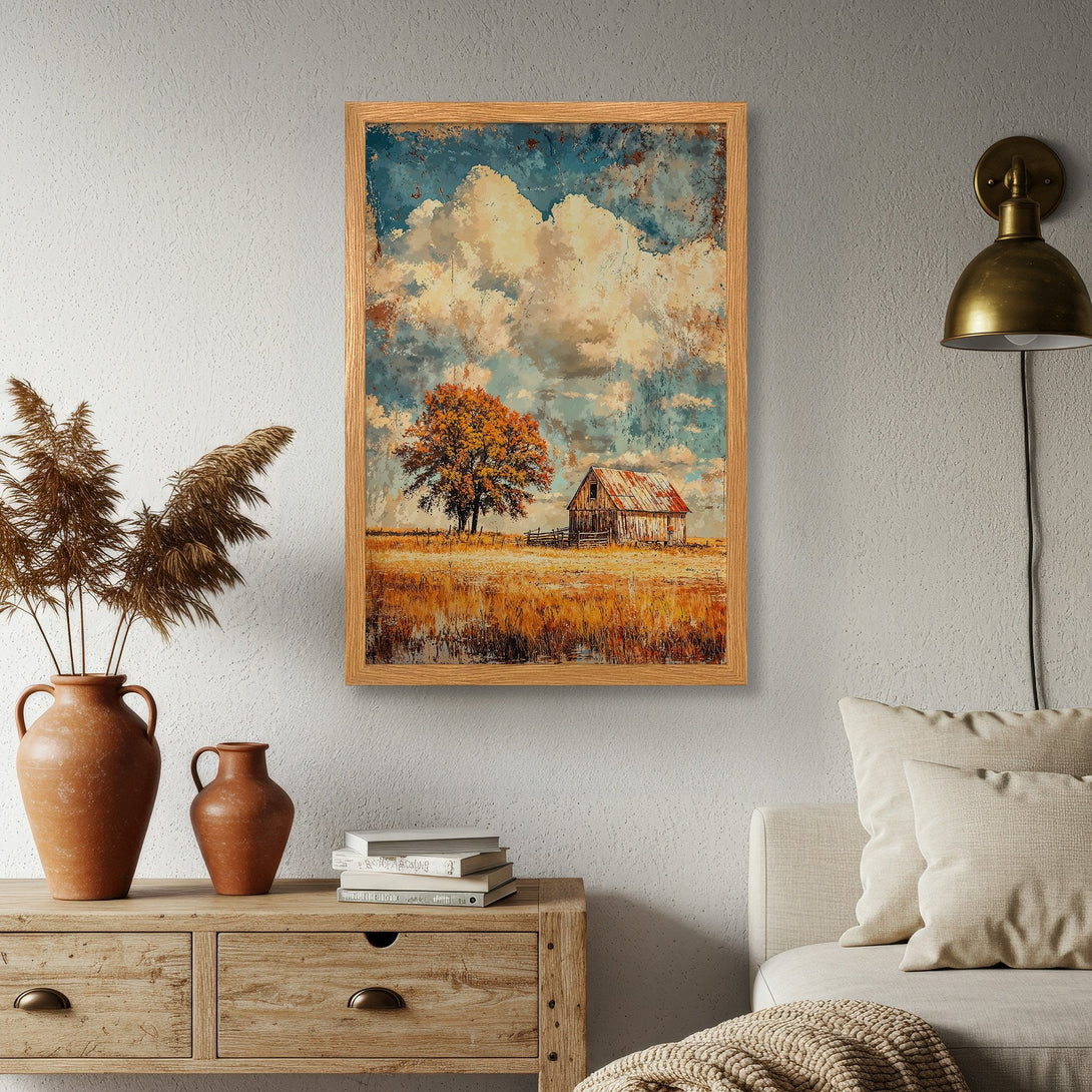 Framed Poster featuring a rustic landscape painting with a barn, tree, and clouds. Warm, earthy tones and a vintage style. Perfect wall art!