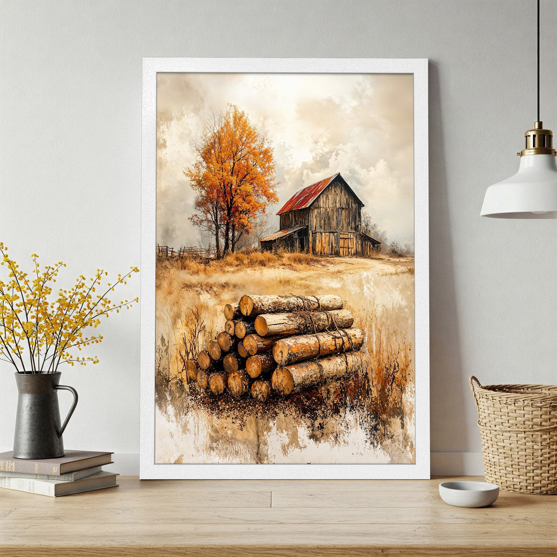 Framed Poster of a rustic barn scene in watercolor style, featuring warm autumn colors and a cozy, inviting aesthetic.