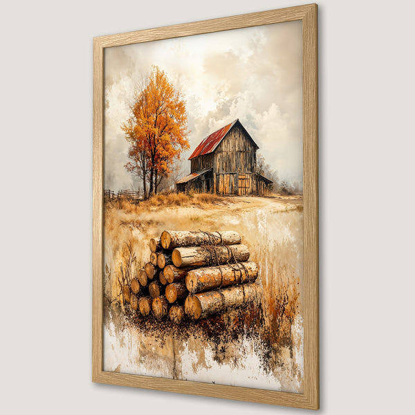 Framed Poster of a rustic barn scene in warm earth tones. Captivating art print for your home.