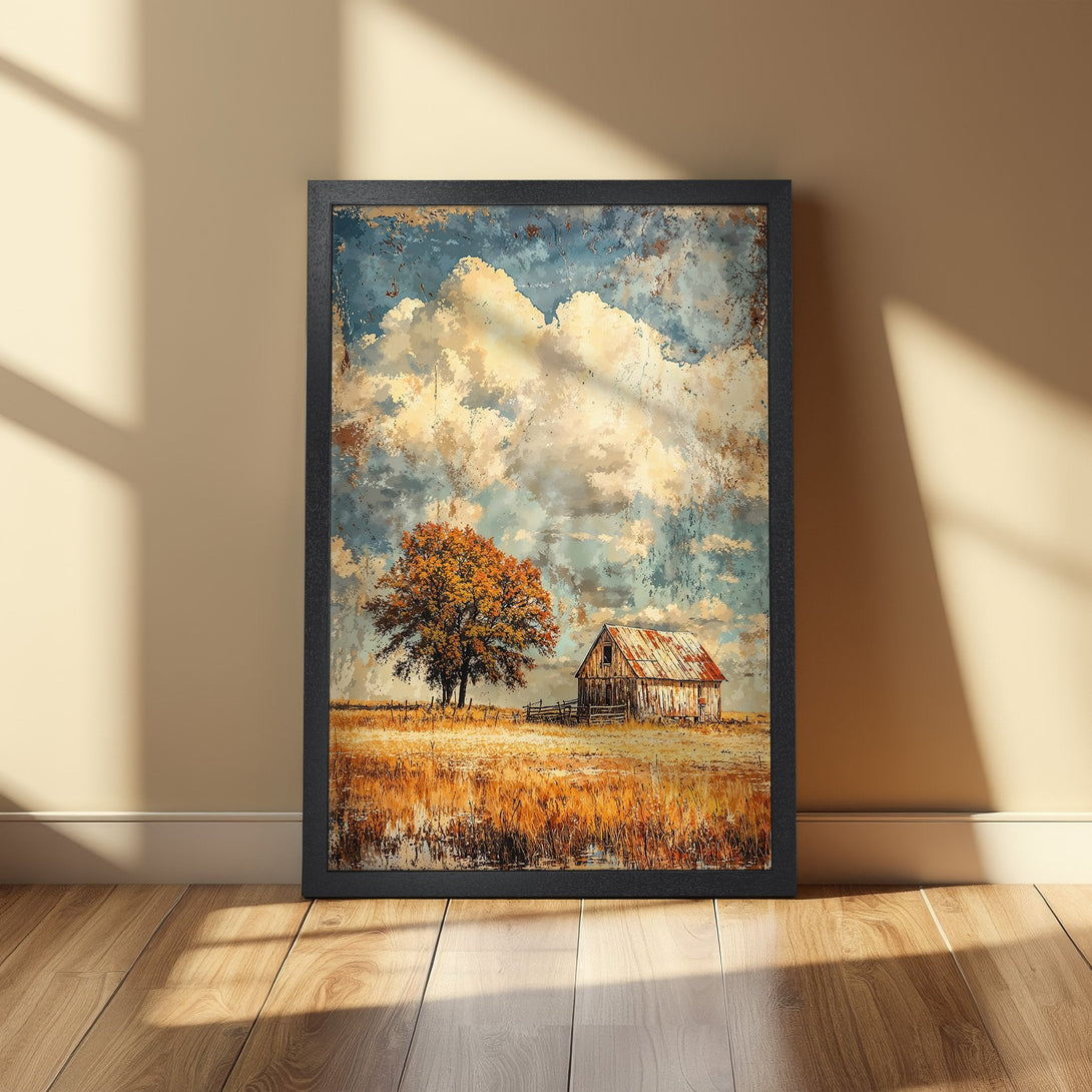 Framed Poster of a rustic barn and tree landscape in a vintage style with warm, earthy tones. Perfect wall art!