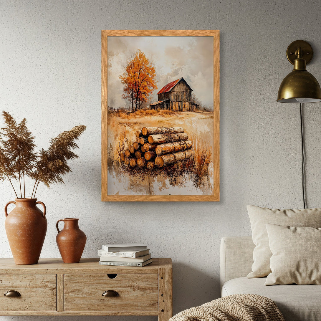 Framed Poster of a rustic barn scene with warm, earthy tones. Perfect farmhouse decor! Add this beautiful art poster to your home.