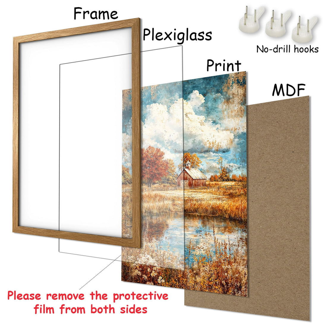 Framed Poster featuring a serene landscape painting in warm autumn colors. Perfect wall art decor!