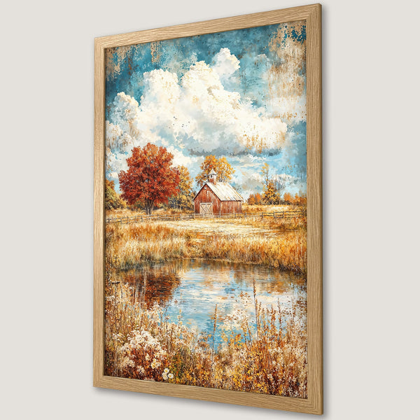 Framed Poster of a serene landscape with a barn, pond, and autumn colors. Rustic art print in a warm, inviting palette.