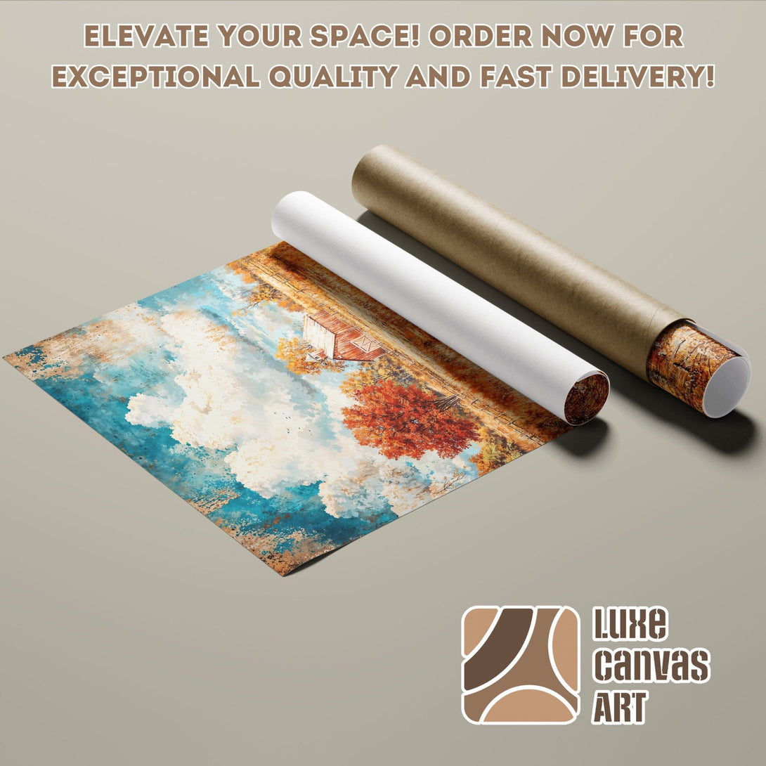 Poster Roll featuring an abstract landscape in blue, orange, and gold tones. Perfect wall art for your home!