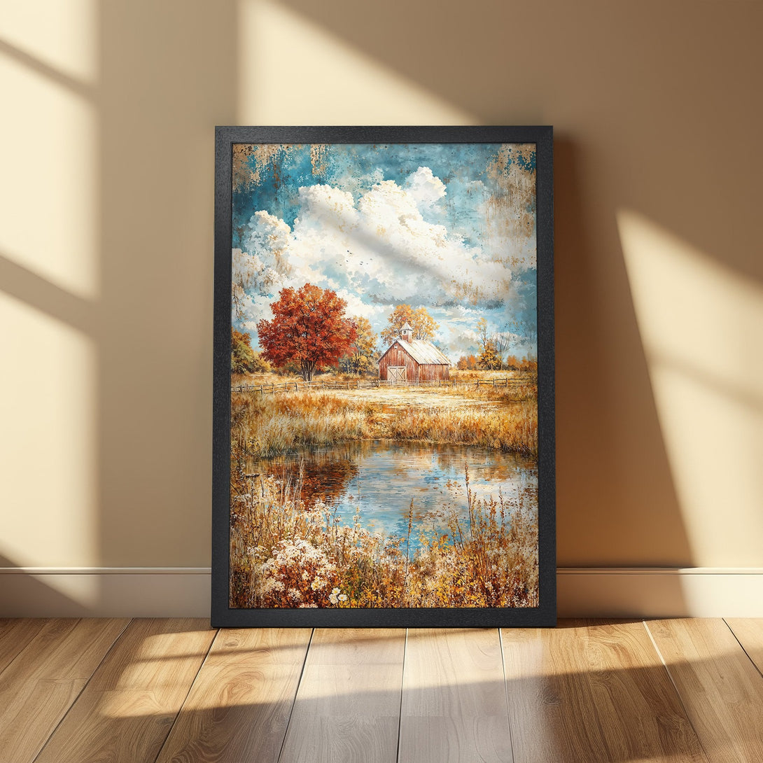Framed Poster of a serene landscape painting with a barn, pond, and autumn colors. Rustic art style, warm earth tones and blue sky.