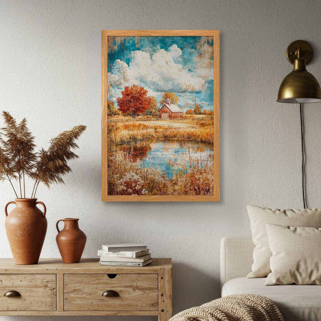 Framed Poster featuring a rustic landscape painting with a barn, warm autumn colors, and a serene pond. Perfect wall art!
