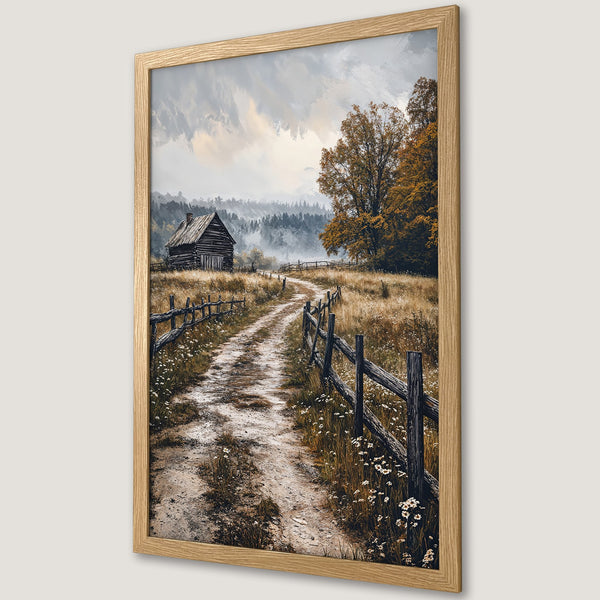 Framed Poster of a rustic landscape with a cabin, dirt road, and fence. Warm, earthy tones create a cozy, inviting atmosphere.