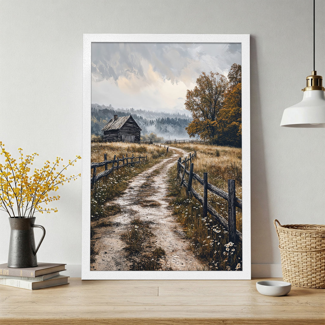 Framed Poster of a rustic road leading to a cabin, in a painterly style with warm, earthy tones. Perfect for adding a touch of nature to your home.