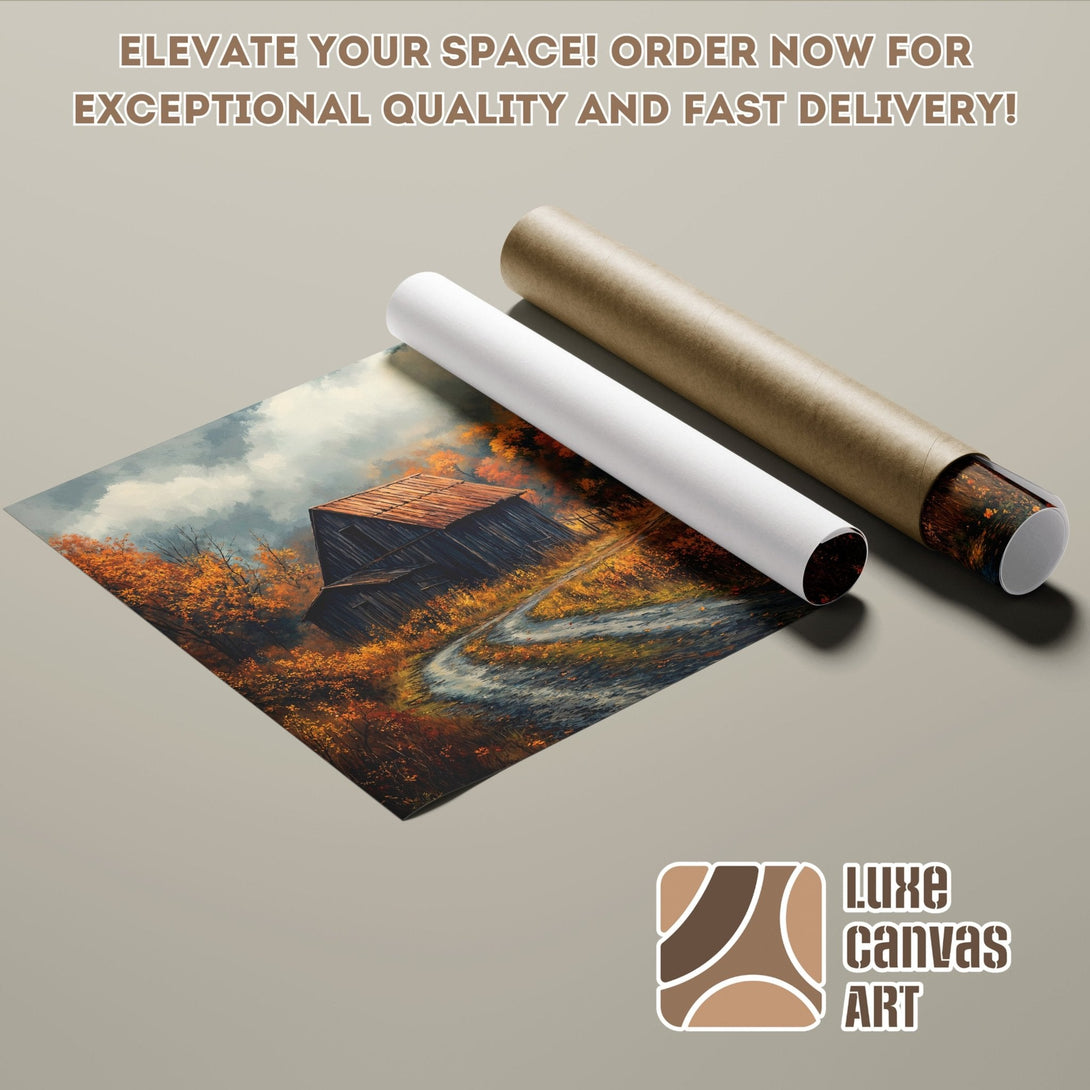 Poster Roll of a rustic barn landscape in warm fall colors. Order now!