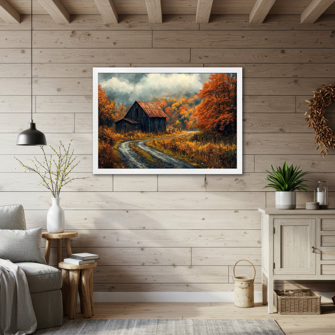 Framed Poster of a rustic barn scene in autumn colors. Warm, inviting art for your home. A beautiful landscape poster.