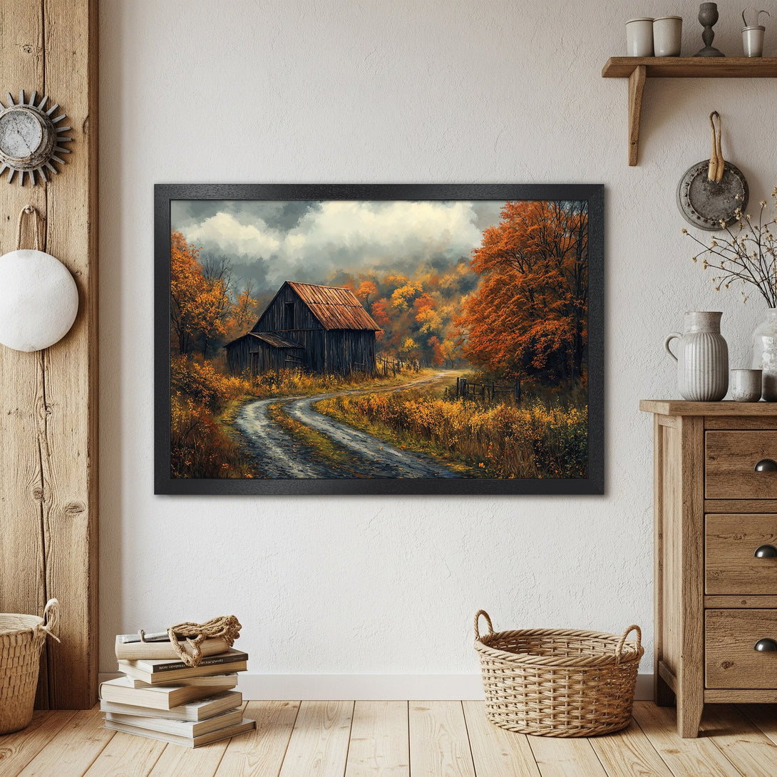 Framed Poster featuring a rustic barn in autumn colors. Warm, inviting landscape art in a cozy style.